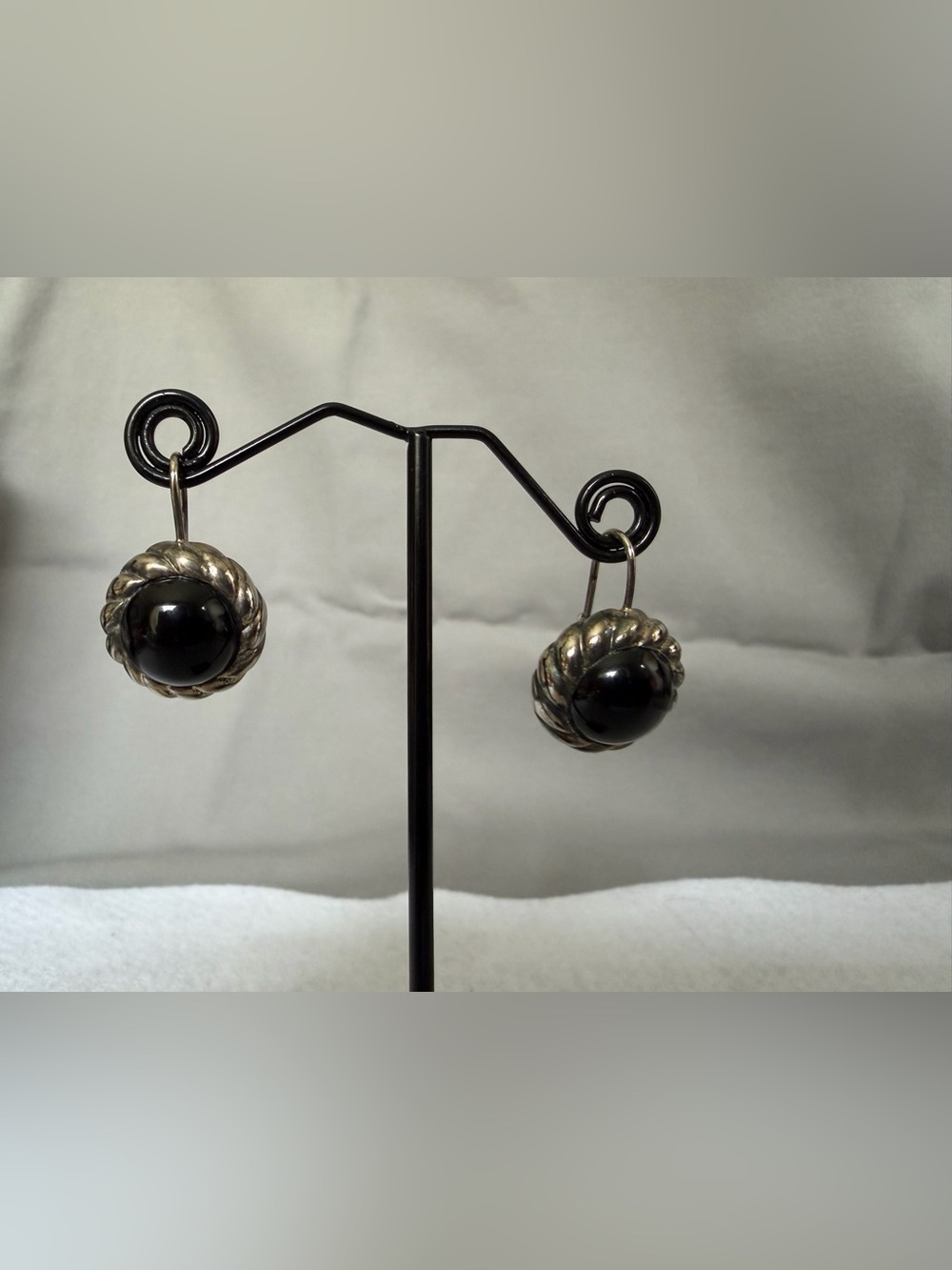 Sterling Silver Rope-Edge Black Onyx Drop Earrings